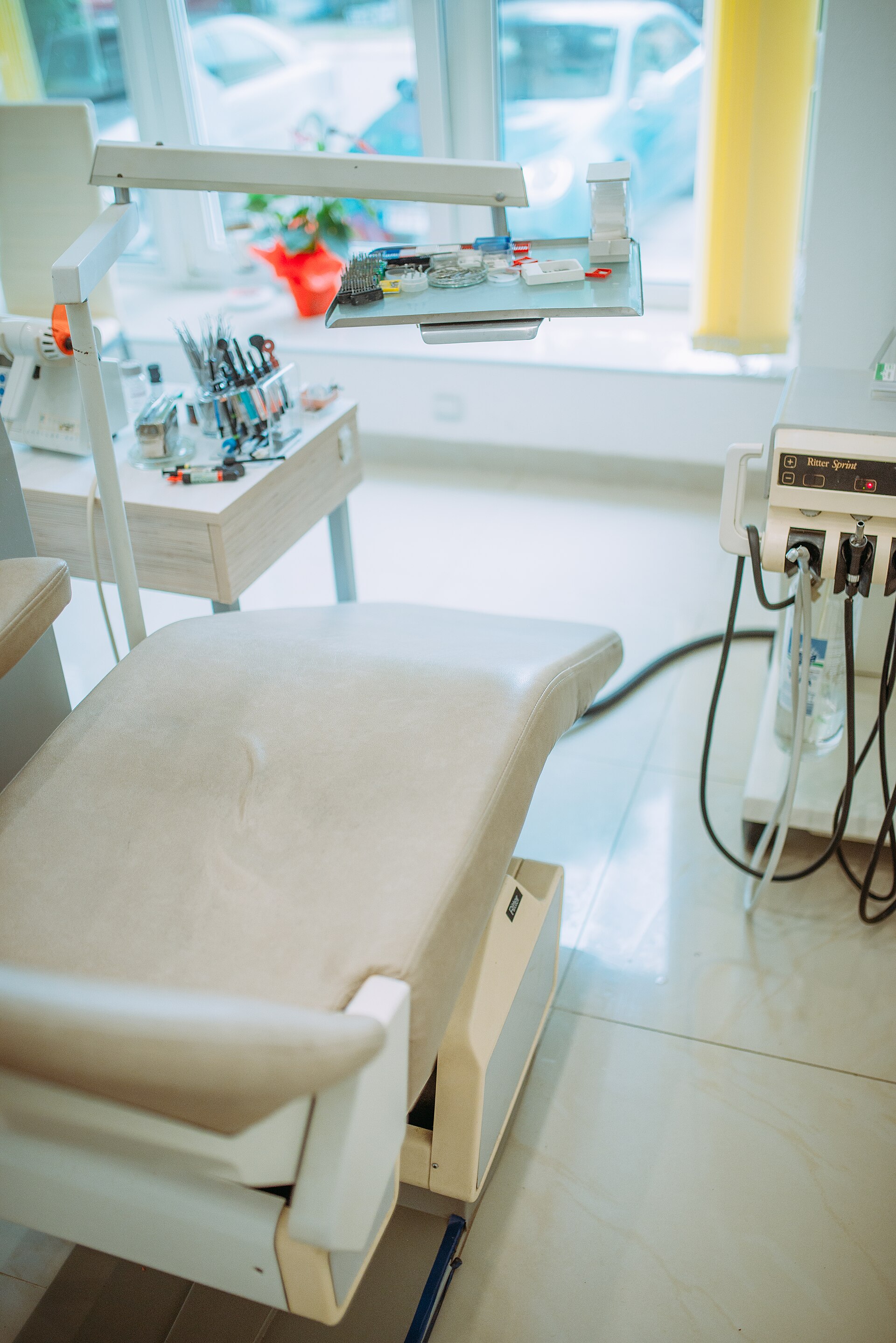 A treatment room with a dental chair